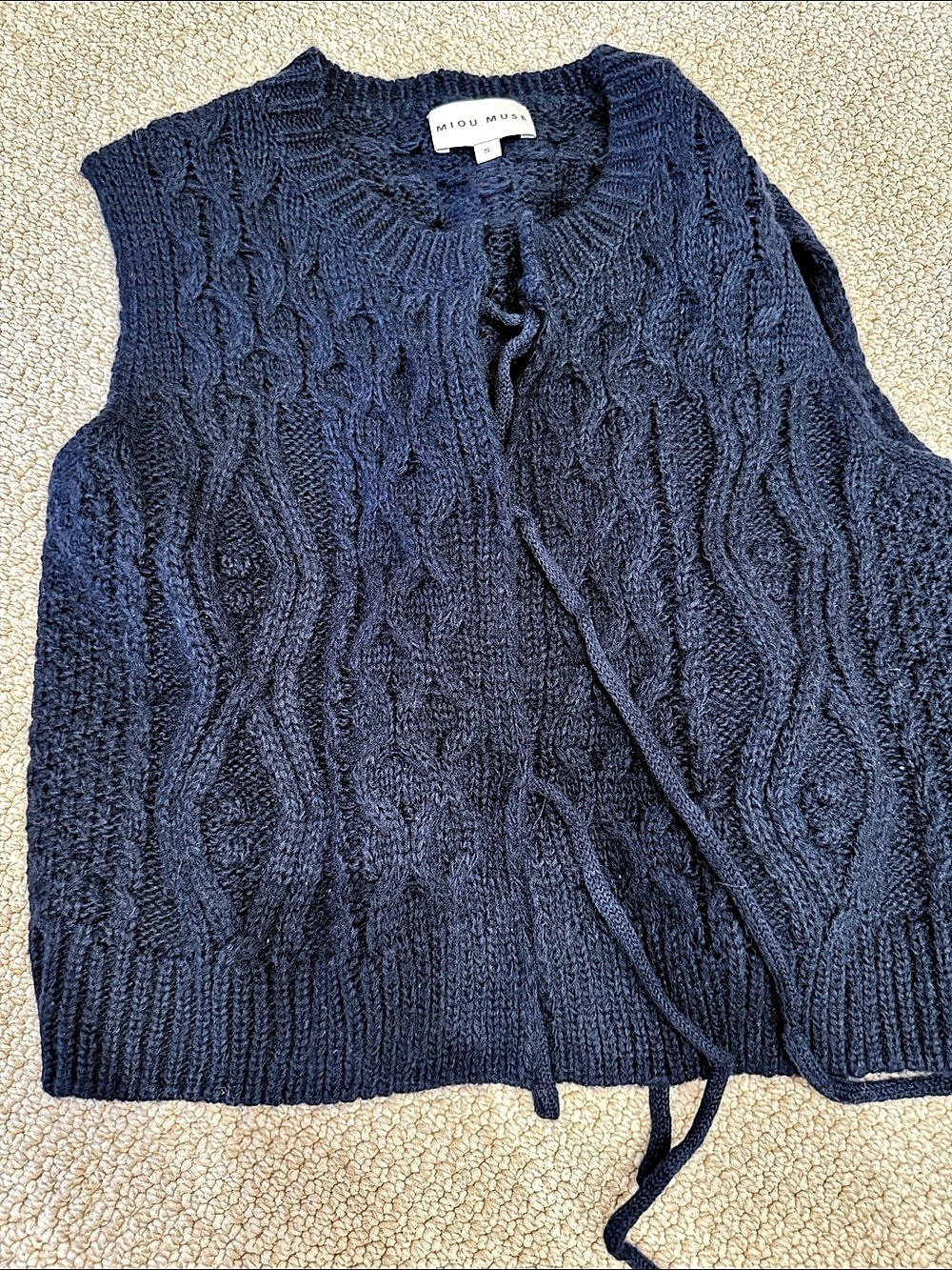 MIOU MUSE Tie Front Knit Vest Cable Knit Blue Small